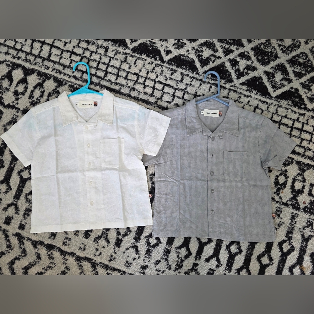 Kids Short Sleeve Linen-Blend Button Shirt - White and Gray